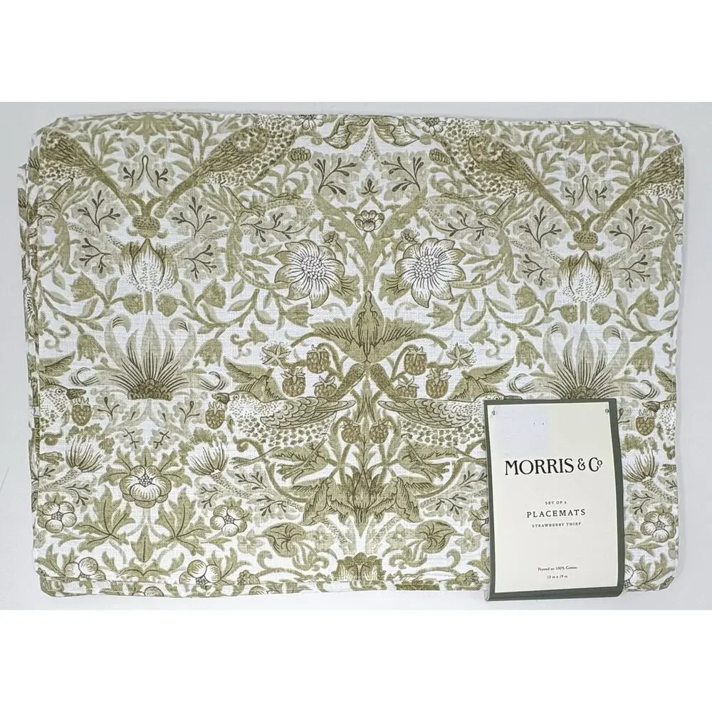 William Morris & Co Placemats Strawberry Thief Cotton Fabric 13x19 4 Sage Green